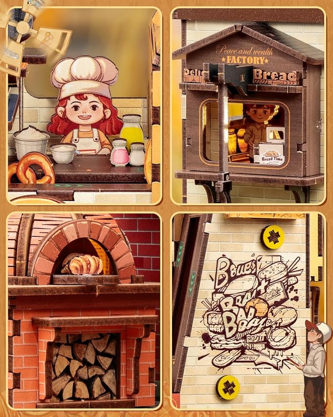 CUTEBEE 3D Wooden Model Building Kit Music Box - DIY Diorama Kit with LED Light, Music, Atomization Smoke, Type-C Power & 360° Rotating Display, Home Decor, Gifts for Teens & Adults (Bread Factory)