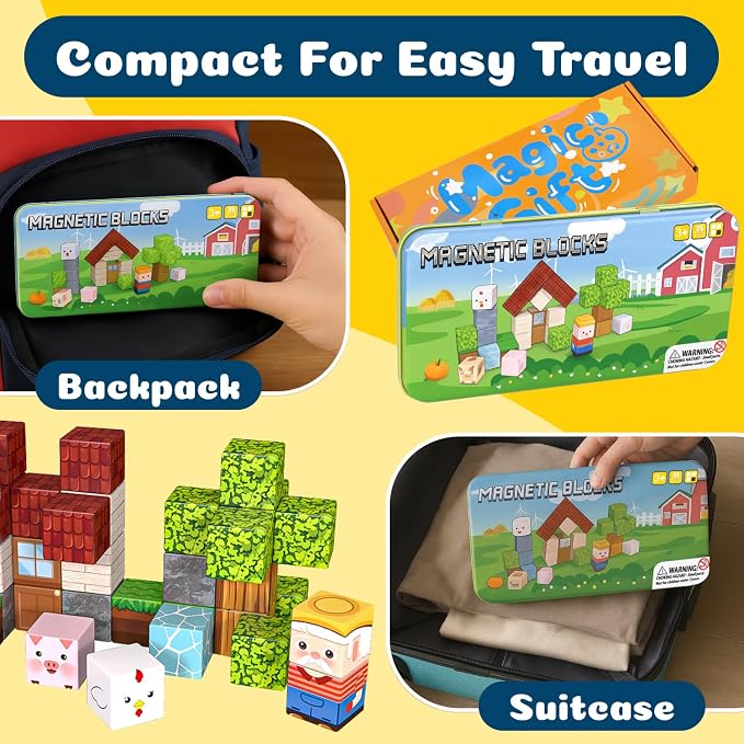 OAR Magnetic Blocks for Kids Ages 3-8 – 35 PCS Mini Magnetic Cubes Farm Animal Building Set, Travel Toy with Portable Iron Box, STEM Magnetic Tiles Gift for Toddlers, Boys & Girls