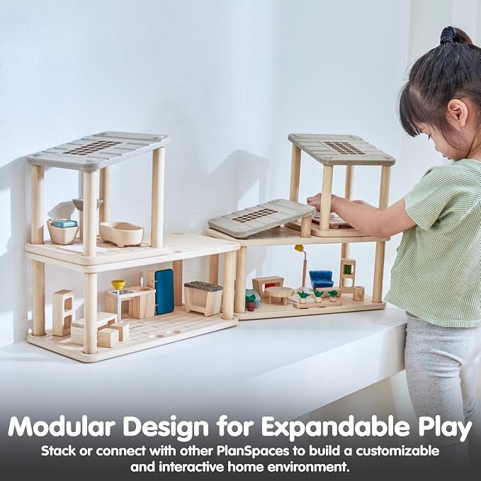 PlanToys® Wooden Dollhouse Bathroom Room Set | Bath, Toilet, Sink & Accessories Furniture Set | Open Ended Role Play Room for Dollhouse Expansion
