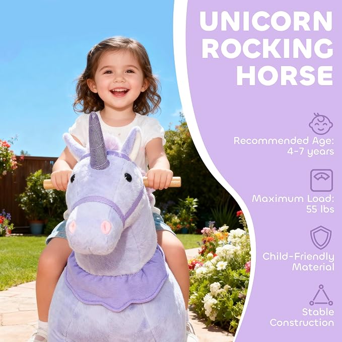 Qaba Ride on Horse for Kids 4-7 Years, 37.8 Inch Height Plush Riding Unicorn, Walking Horse Animal with Rolling Wheels for Active Play, No Batteries Required, Purple