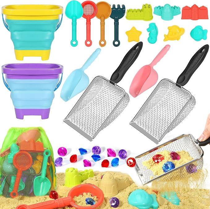 HUITEM Beach Sand Toys for Kids Sandbox Toys with 2 Collapsible Bucket Sand, 2 Dump Truck, Dinosaur Molds, Sand Castle Kit, Shovel Sieve,Flags,Mesh Bag Travel Beach Toys for Toddler 3-10