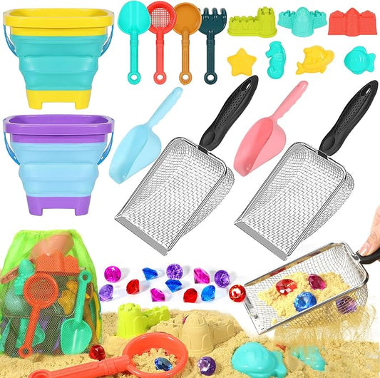HUITEM Beach Sand Toys for Kids Sandbox Toys with 2 Collapsible Bucket Sand, 2 Dump Truck, Dinosaur Molds, Sand Castle Kit, Shovel Sieve,Flags,Mesh Bag Travel Beach Toys for Toddler 3-10