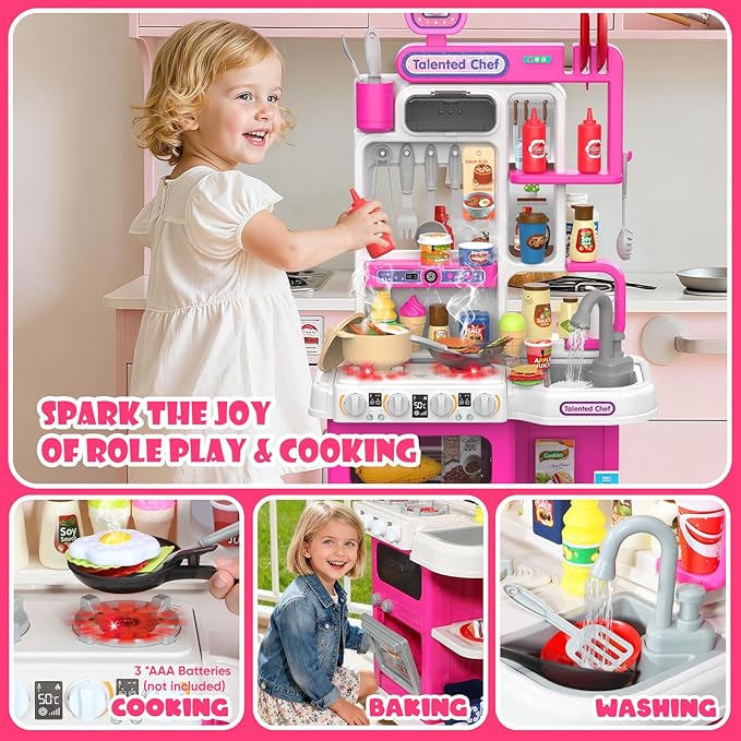 Kids Kitchen Playset, 36.22'' Play Kitchen for Toddlers 3-5 with Steam, Sound & Light, Cooking Stove, Play Sink, Oven and Toy Kitchen Accessories, Kitchen Set for Toddlers Girls 3 4 5 (Pink)