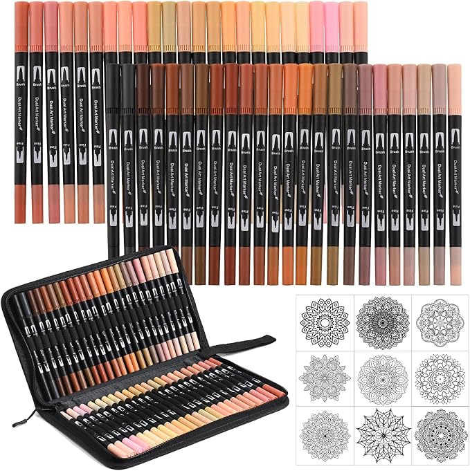 48 Color Skin Tone Double Tip Brush Pens Art Markers,Colored Artist Fine Brush Pen Coloring Markers for Adult Drawing Art Craft Kit