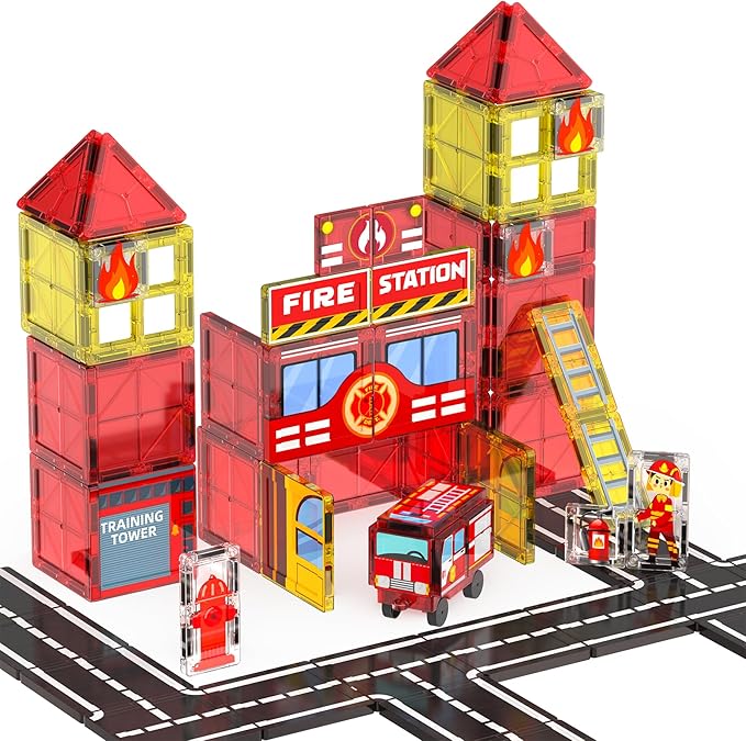 Fire Station Magnetic Tiles for Kids, Building Toys for Kids Ages 4-8 with Fire Truck, Firemen, Road Magnet Tiles STEM Magnetic Blocks for Kids Ages 4-8, Building Toys for 3+ Year Old Boys Gifts