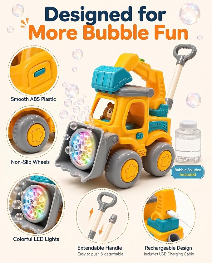 Excavator Automatic Bubble Machine for Toddler Kid Toy 3 4 5 6 7 8 Year Old Little Boy Girl Gift Lawn Mower Maker Blower Summer Outdoor Push Toys Easter Christmas Birthday Present