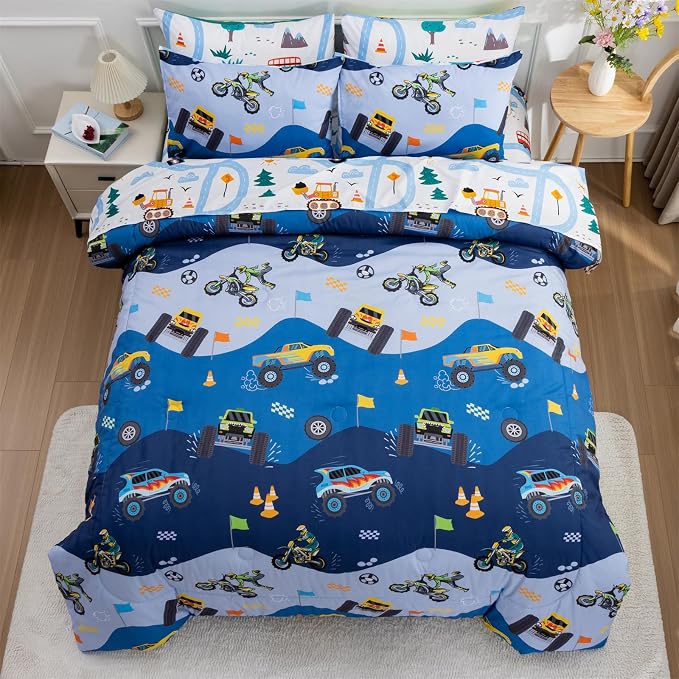 Holawakaka Trucks Tractors Cars Boys 5-Piece Bedding Comforter Sheet Set,Twin Size Cartoon Construction Car Excavator Print Kids Bed in A Bag, Excavator Mixer Truck Printed Bed Sets(Light Blue Twin)