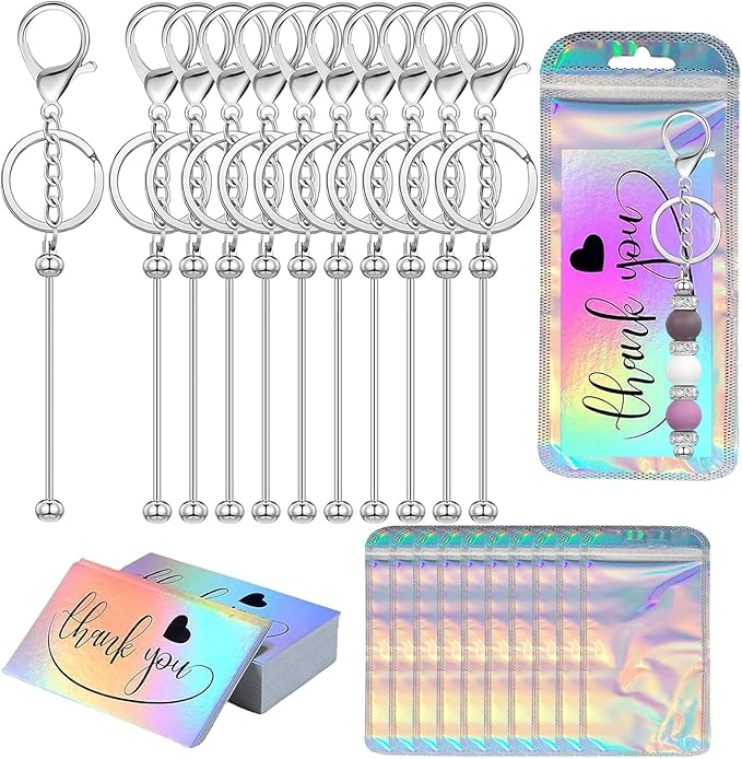 42/84/126 Pcs Beadable Keychain Bars Bulk Blank DIY Beaded Keychain Making Supplies with Bag Thank You Card