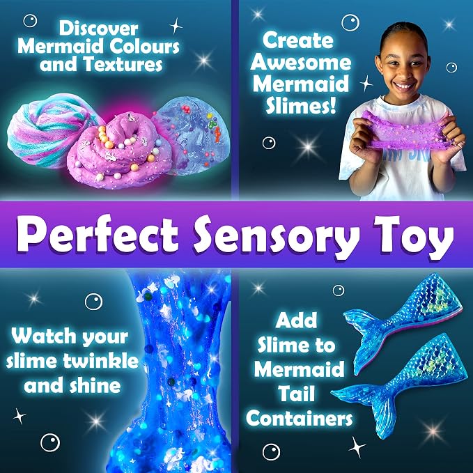 Original Stationery Mermaid Slime Kit - 35-Piece Multicolor Set, Ages 7+ - Glow-in-The-Dark Butter & Glitter Mix with Foam Cubes & Mermaid Tail Add-Ins - DIY Slime Making Kit for Kids & Girls