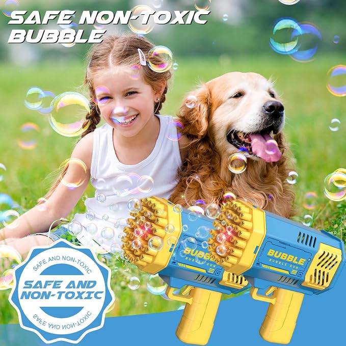 Dolanus Bubble Gun 2 Pack with 2 Bottles Bubble Solution, 40-Hole Light Up Dip Bubble Machine for Kids, Bubble Toy for 3 4 5 6 7 8 Years Old Boys Outdoor Indoor Kid Birthday Wedding Party(2*Blue)
