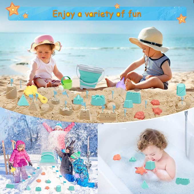 RACPNEL Beach Toys Sand Set for Kids, Collapsible Bucket and Shovels with Mesh Bag, Molds, Flags, Sandbox Kids Toddlers, Travel (Tavel Size)