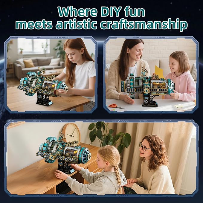 3D Wooden Puzzles International Space Station Model - Collectible Display Model with Interlocking Design, Motorized Solar Panels, Radar & Thrusters, LED Light Effects(Celestigon Station)