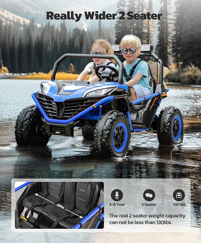 ELEMARA 24V Ride on Car for Kids, 2 Seater XL 20" Seat Ride on Toy, 10AH 4WD Battery Powered 4.5MPH Electric Car with Remote, 3 Speeds, Music Gift for Ages 3-8