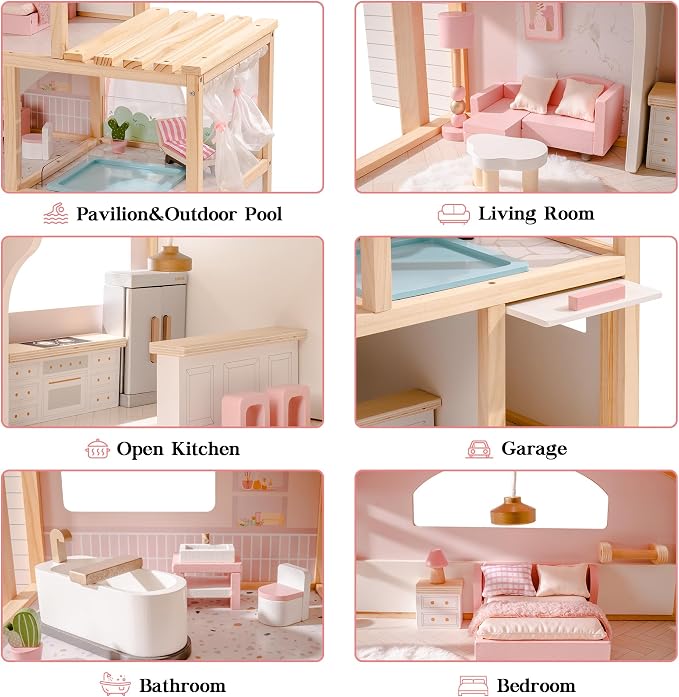 ROBUD Doll House, Wooden Dollhouse with 6 Rooms, 29-pcs Furniture Set, Working Elevator, Garage, Swimming Pool, Ideal Gift for Kids Ages 3+ (Pink)