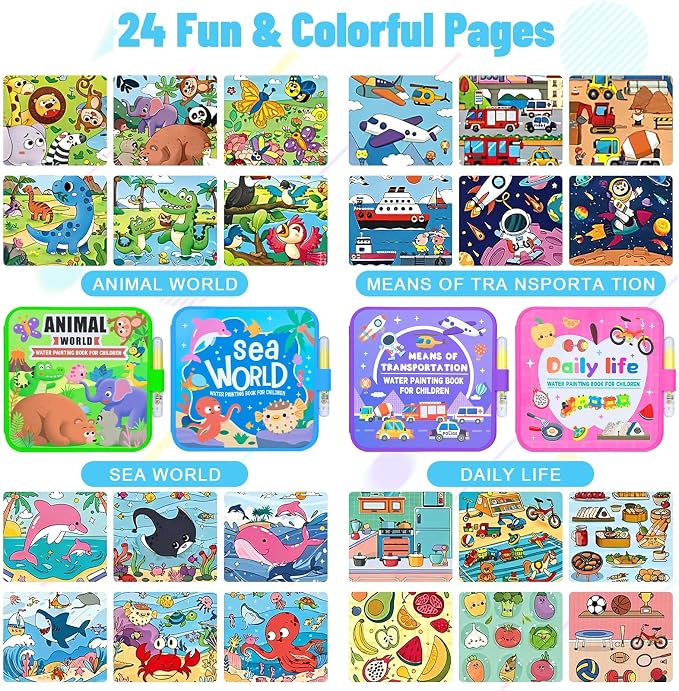 Reusable Water Coloring Books for Toddlers 1-3, Mess-Free Water Painting Book Set With Water Pens(Airplane & Dinosaur) Travel Art Craft Activity Toys for Girls Boys Ages 3+, Birthday Gifts - 4PCS