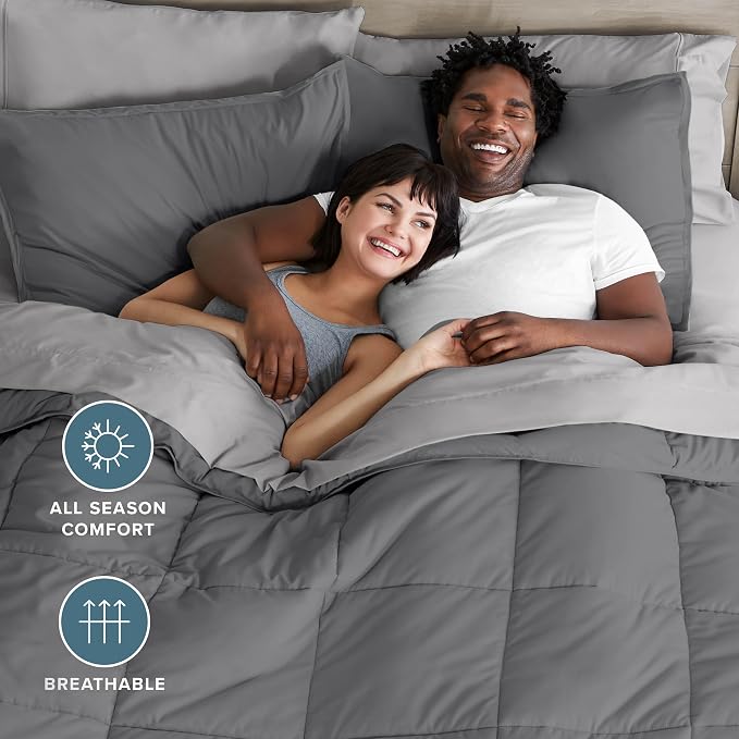 Bare Home Bed-in-A-Bag 7 Piece Comforter & Sheet Set - California King - Goose Down Alternative - Ultra-Soft 1800 Premium Bed Set (Cal King, Grey/Light Grey)
