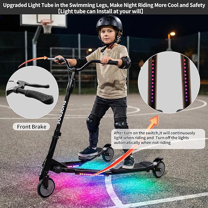 PHOEROS Upgraded Swing Wiggle Scooter,3 Wheels Drifiting Kick Scooter for Kids Ages 6-12,Teens&Adults,Youth Drifting Scooter with LED Light/4 Height Adjustable/Foldable Best Gift for Kids
