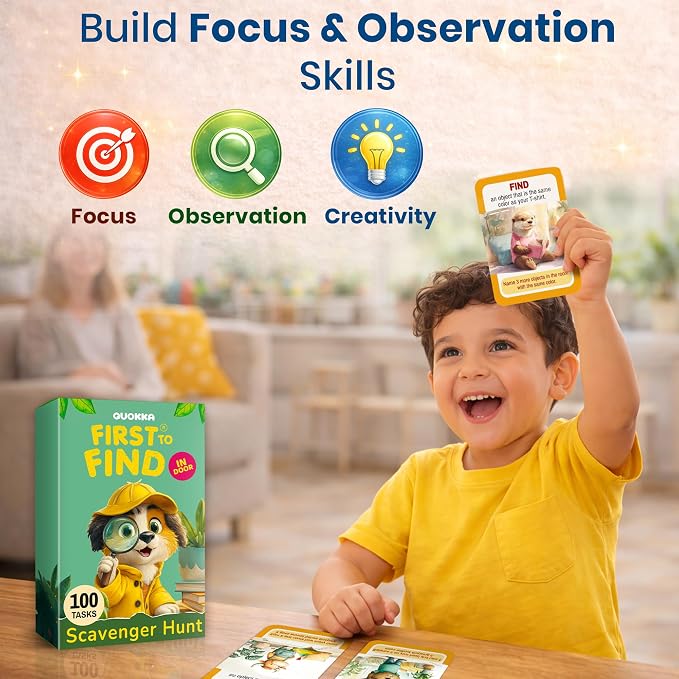 QUOKKA Scavenger Hunt Game for Kids Ages 4–8 – Indoor Adventure Card Set with 100 Tasks for Rainy-Day Play, Home & Classroom Learning Activities