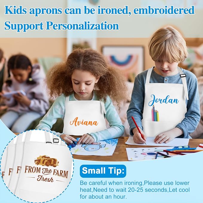 24 Pack Kids Apron bulk with 2 Pockets Adjustable Chef Art Apron Kids Painting Aprons for Cooking Baking Painting Crafting Grilling Activity（White）