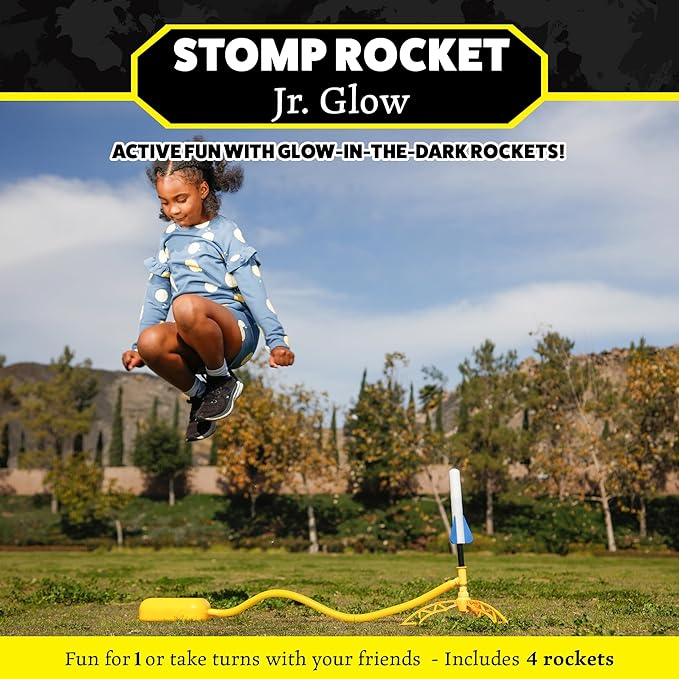 Stomp Rocket Jr Glow Rocket Launcher for Kids - 4 Glow-in-the-Dark Rockets - Outdoor Fun Toy Gift for Boys & Girls - STEM Soft Foam Blaster Set Soars Up to 100 Feet - Ages 3 & Up
