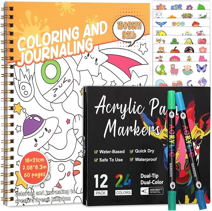 Prudiut Coloring Book Set with 24-Color Acrylic Markers & Stickers, Ages 14+ Travel Sketch Book, 60 Pages 150gsm Thick Paper (7x8.3in) Spiral Bound Art Supplies
