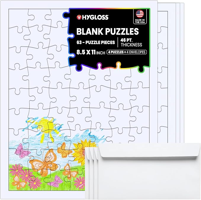 Hygloss Products 4 Blank Jigsaw Puzzles with Envelopes – 8.5 x 11 Inch, 63 Pieces Each – DYI Party invites, Perfect for Decorating, Kids' Activities, Arts & Crafts or Party Favors
