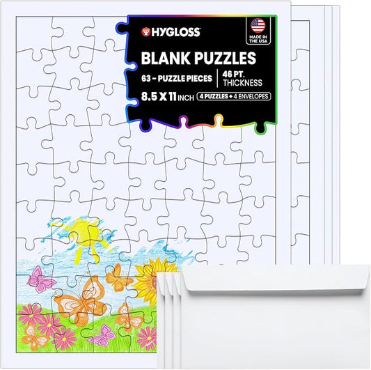 Hygloss Products 4 Blank Jigsaw Puzzles with Envelopes – 8.5 x 11 Inch, 63 Pieces Each – DYI Party invites, Perfect for Decorating, Kids' Activities, Arts & Crafts or Party Favors