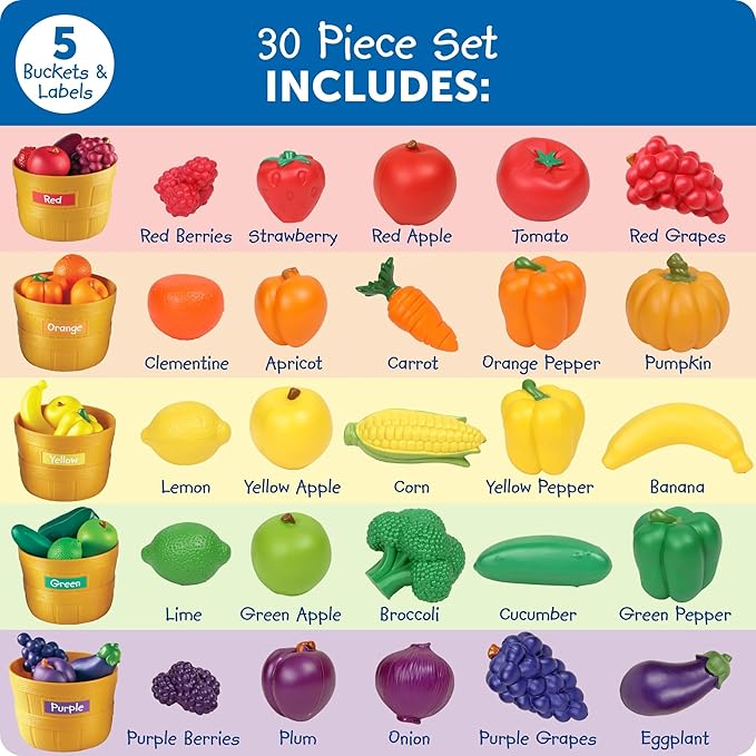 Learning Resources Farmer's Market Color Sorting Set - Pretend Play Food Sets for Kids Kitchen, Color Sorting Toys, Plastic Fruit and Vegetable Toy for Kids Kitchen Set, Play Food for Toddlers 1-3