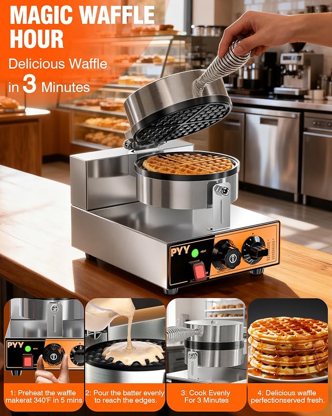PYY Commercial Waffle Maker - 20Pcs/H Stainless Steel Round Belgian Waffle Machine, 1300W Non-stick Waffle Iron, Time Control and Temperature Adjustable, for Home Kitchen, Breakfast Restaurant