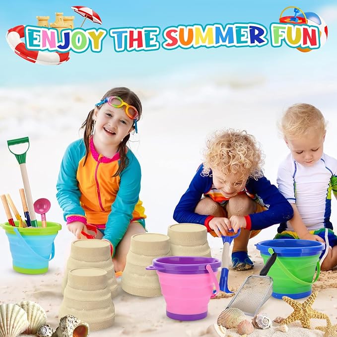 13 Pack Beach Bucket Shovels Toys for Kids,Collapsible Beach Sand Toys Beach Pails and Shovels Set for Toddlers Kids Sand Bucket and Mesh Shovels with Mesh Bag Travel Beach Toys Kit Age 3-10