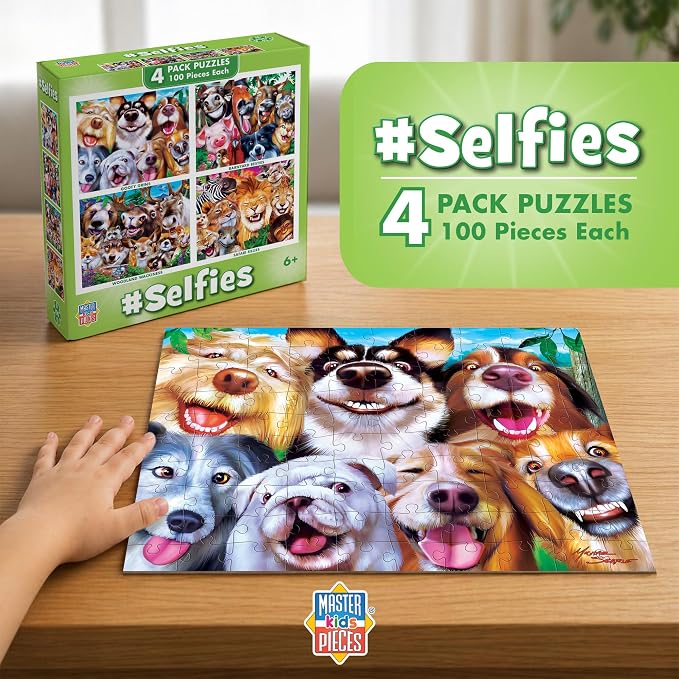 MasterPieces – Jigsaw Puzzle Set for Kids 6+ Years, 4-Pack of 100 Pieces, Educational and Fun Game, Silly Animals Collection, Gift Idea for Children, 8" x 10"
