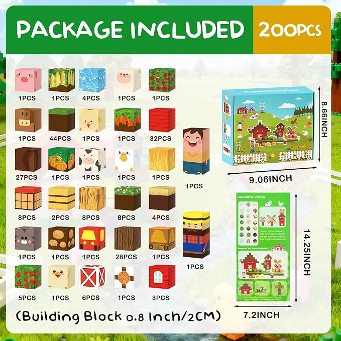 200PCS Large Farm Magnetic Building Blocks, Animals Stacking Magnet Build Cubes Montessori STEM Sensory Educational Game Toys for Kids Boys Girls Christmas Xmas Birthday Gifts