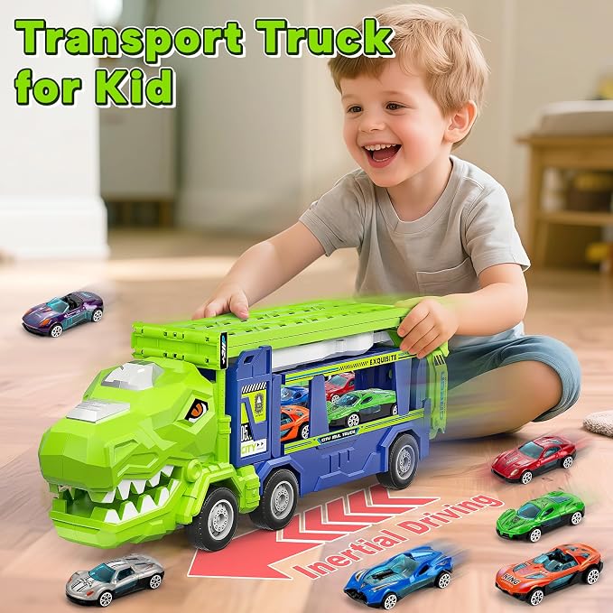 BainGesk Dinosaur Truck Car Toys for 3, 4, 5, 6 Years Old Boys Girls, 3 in 1 Carrier Truck with 2 Foldable Race Tracks, Transport Car with 6 Metal Cars, Birthday Toys Gifts for Toddlers