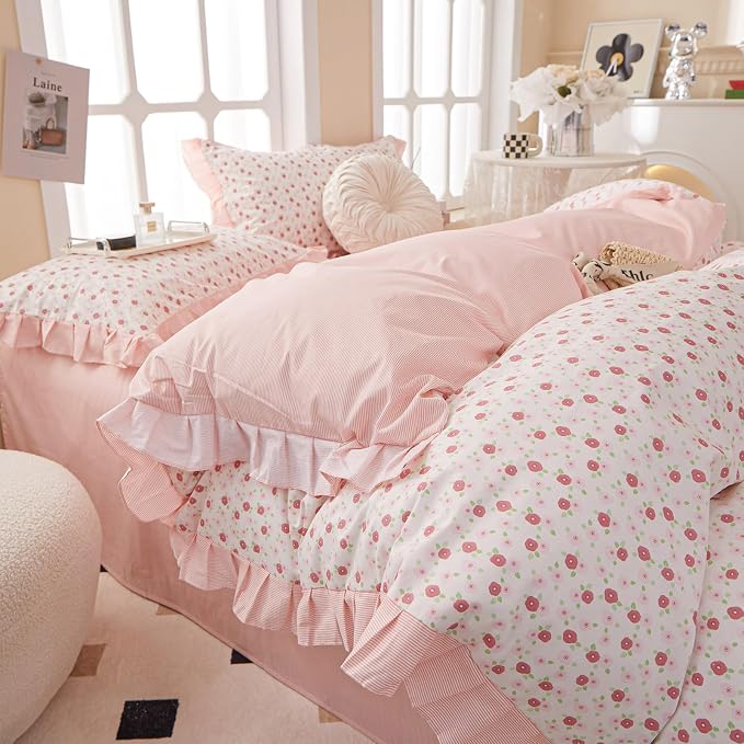 Garden Pink Floral Comforter Set Twin XL French Style Girls Flowers Comforter Fluffy Soft Chic Floral Bedding Set Vintage Botanical Ruffled Comforter with 2 Pillowcases Pink Flower Lace Comforter Set