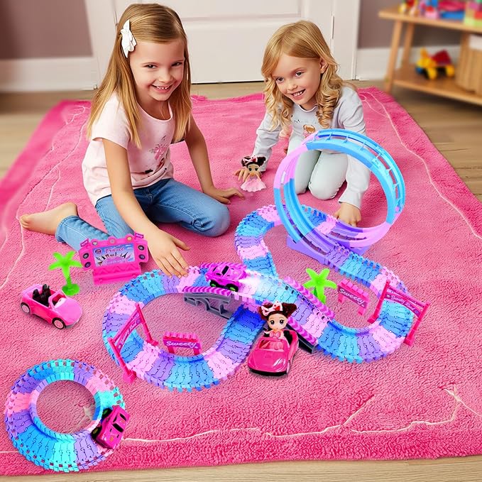 Tracks Car Toys for 3 4 5 6 Year Old Girls Kids,177 PCS 360°Rotating Track Flexible Car for Girls 3-5 Toddler Flex Track Race Cars Toys Birthday Gifts