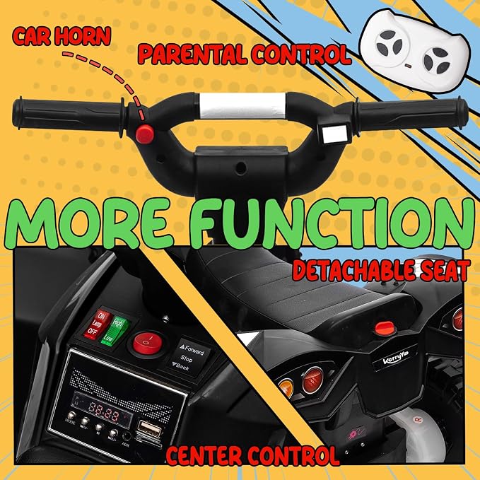 KerryYoo AT2 Kids ATV,12V 4 Wheeler for Kids 3-6,Electric Toddler Ride On Toys,Remote Control, High/Low Speeds, LED Lights, Bluetooth, and Off-Road Tires - Black