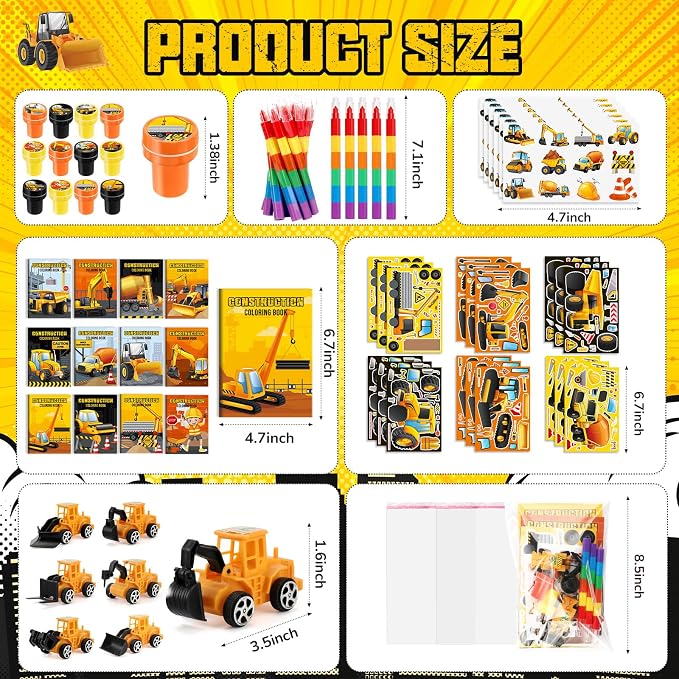 BenLouis 168Pcs Construction Party Favors Excavator Theme Coloring Books Crayons Sticker Set Bulk for Kids Construction Birthday Goodie Bag Stuffer Classroom Gifts Rewards Craft Pinata Fillers