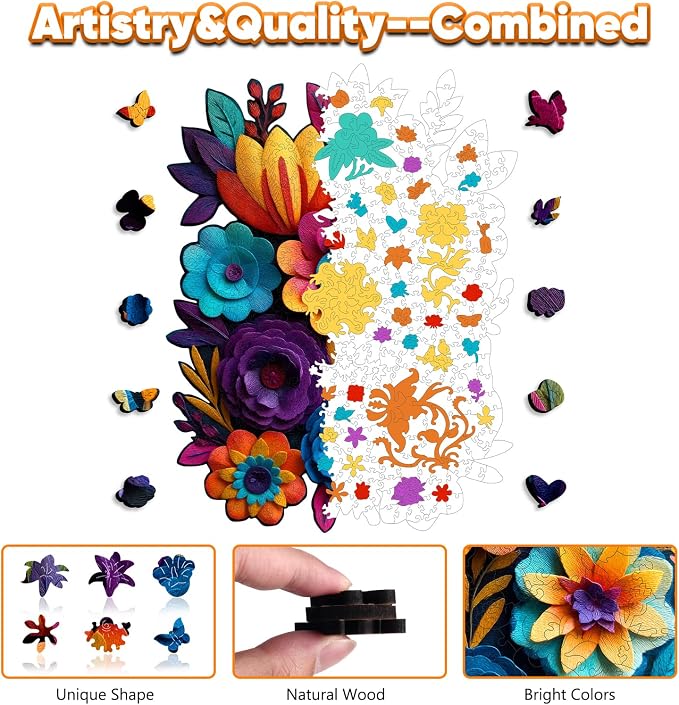 Leodozzio Wooden Jigsaw Puzzles 500 Pieces, Handmade Flowers Autumn Puzzles for Adults, Unique Shaped Wooden Puzzle, Birthday Gift Family Game, 13.8x18.4 Inch