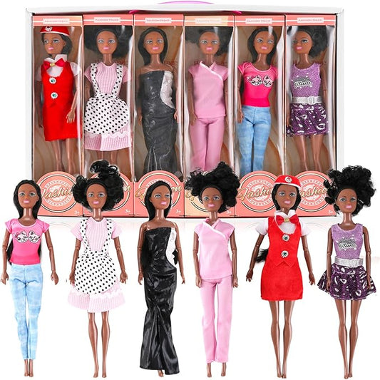 Liberty Imports 6 Set of African American Black Toy Dolls - 11.5" Premium Fashion Style Diversity Role Play Dolls, Bundle Variety Pack for Kids, Girls Party Favors