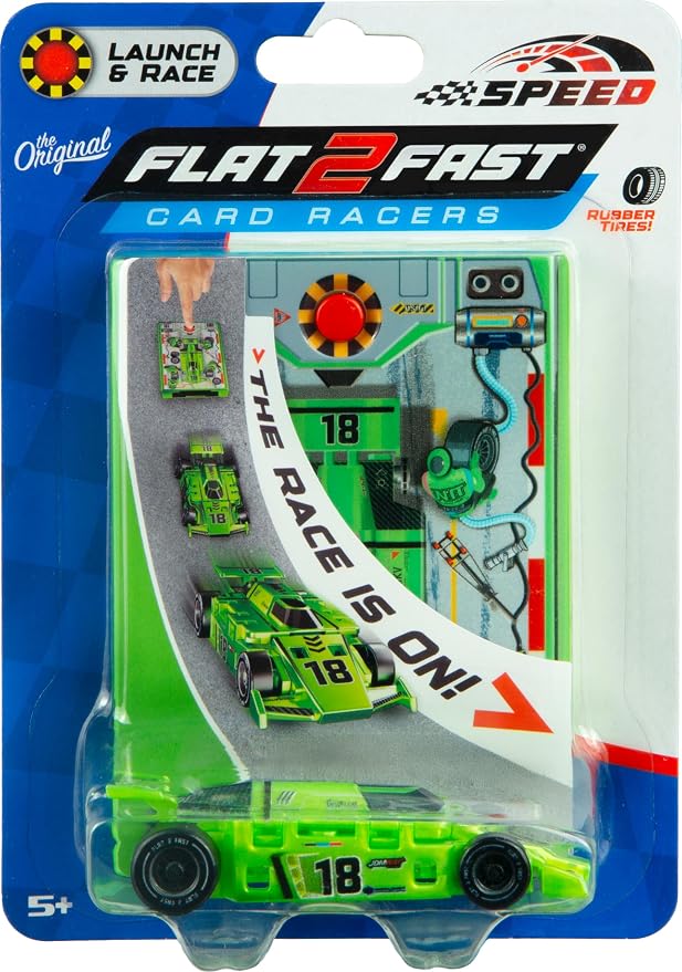 FLAT 2 FAST Original Speed Card Racer – Flat Car Racer and Pocket Size Racecar Launcher with Real Rubber Tires for High-Speed Racing – Transforming Toy Car for Boys – Load, Launch, Race! – Neon Green