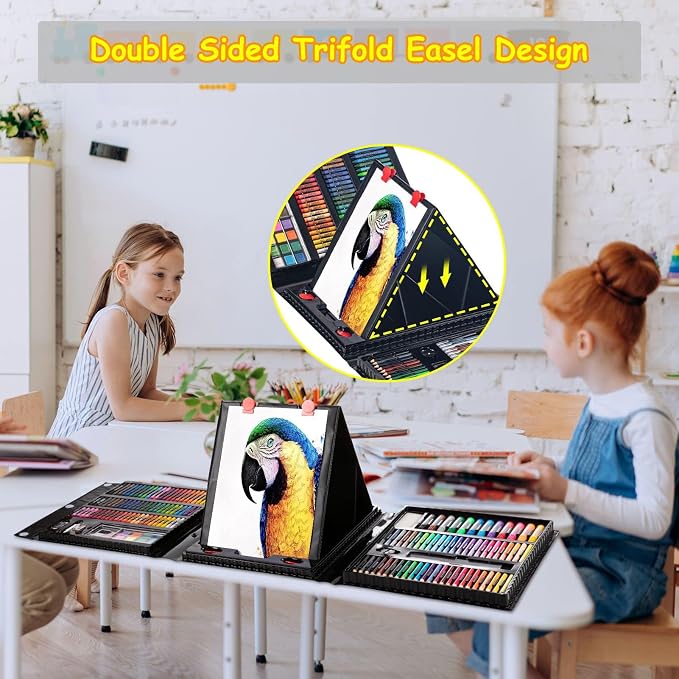 Art Supplies, 272 Pack Art Set Drawing Kit for Girls Boys Teens Artist, Deluxe Gift Art Box with Trifold Easel, Origami Paper, Coloring Book, Drawing Pad, Pastels, Crayons, Pencils, Watercolors(Black)