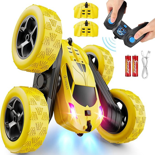 QUNREDA Remote Control Car,RC Car Toys for 6-12 Year Old Boys, Off Road RC Stunt Car 4WD 360° Rotating Remote Control Car for Kids, Boys Girls Gifts for Birthday, Christmas Yellow