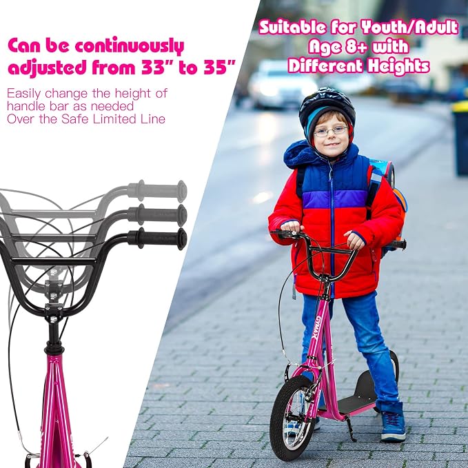 GYMAX Scooter, Kids & Adults Off-Road Scooter with 12" Inflatable Wheels, Adjustable Height Handlebar, V-Type Handbrakes & Axle Pegs for All Terrain, 8+
