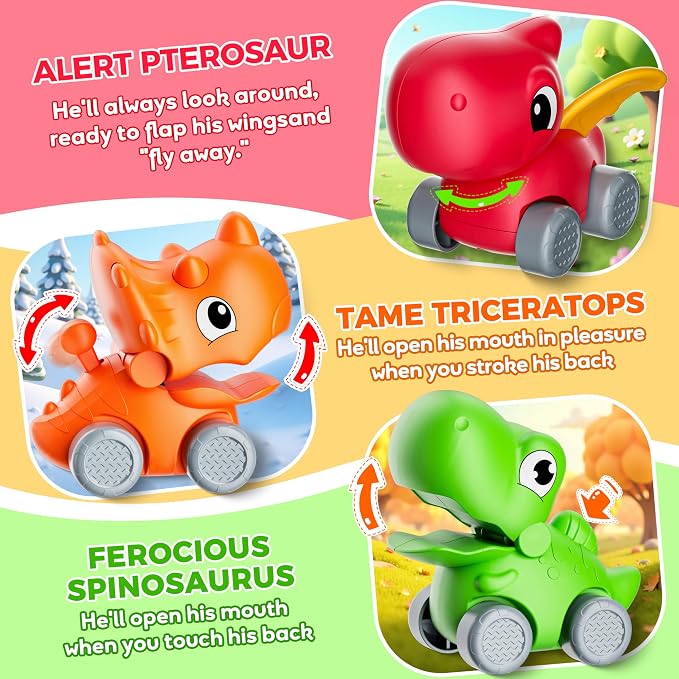 Train Set for Toddlers with Steam, Music, Lights and 3 Dinosaur Cars | Electric train fun meets dinosaur play with music, lights and a gentle steam effect.