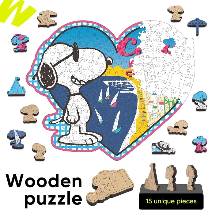Peanuts Puzzles for Adults – 200 Pieces Unique Heart Shaped Snoopy Wooden Jigsaw Puzzles, Challenging Gift for Family & Friends, 5MM Thick, Officially Licensed Merchandise – Summer Vibe, 11.8" x 9.7"