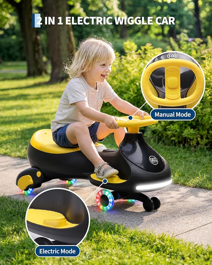Garvee 12V Electric Wiggle Car for Kids, 2 in 1 Swing Car with Pedal, Anti-Rollover, Max Load 130Lbs,Flashing Wheels, Music,Rechargeable Battery Ride on Toy Indoor Outdoor for Toddlers, Black