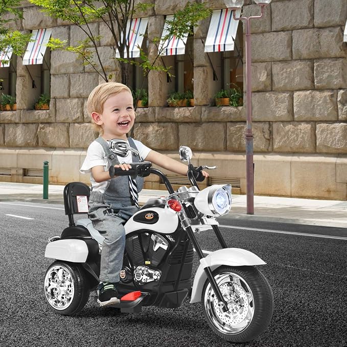 Costzon Kids Motorcycle, 6V Battery Powered Ride on Chopper Motorcycle w/Horn, Headlight, 3-Wheel Stable Ride on Toys, Electric Toddler Motorcycle for Kids, Gift for Boys Girls (White)