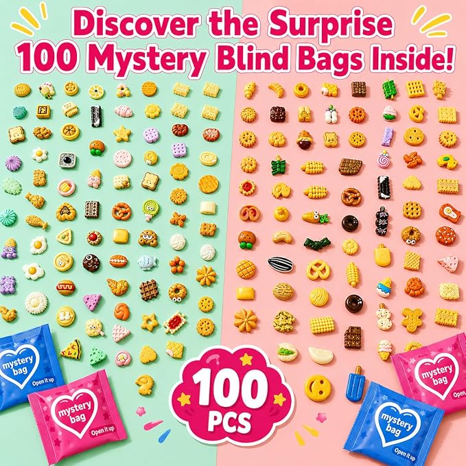 100 PCS Mystery Bag Mini Resin Food Blind Bags, Cute Tiny Food Figurines Surprise Box Toys for Kids, Dessert Snack Collectibles for Party Favors Classroom Prizes Goodie Bag Stuffers Dollhouse Decor