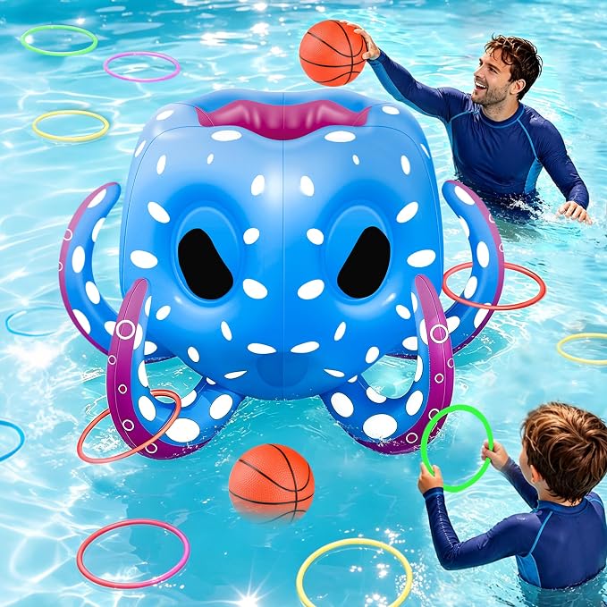 Octopus Pool Toys for Kids Ages 4-8, 8-12, 2-in-1 Inflatable Pool Floats Basketball Hoop & Ring Toss Swimming Pool Games, Summer Outdoor Water Games Beach Party Gift for Boys Girls Family