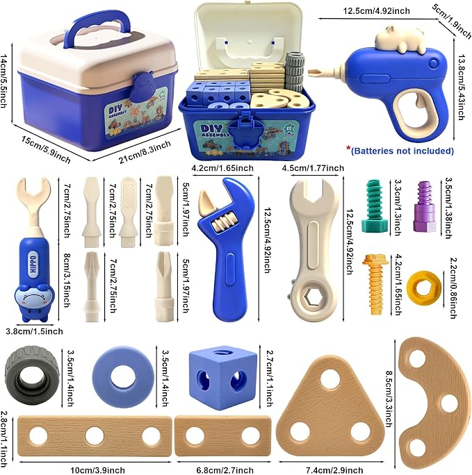 Kids STEM Building Toys For Ages 3-5 4-6 4-8 5-7 6-8 Years Old Boy Birthday Gift,101 Pcs Preschool Educational Construction Toys Tools Set With Drill,Toddler Design Drill Screw Toys (blue165)